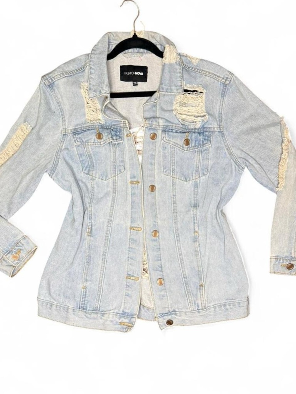 Fashion Nova Light Blue Distressed Denim Jacket